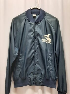 Vintage 80s Chicago White Sox Bomber Jacket L Satin MLB Made in USA Blue